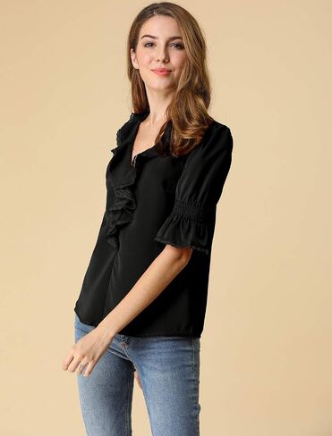 Allegra K Women's Ruffle V Neck Puff Sleeve Blouse Summer Vintage Casual Chiffon Peasant Top in Saudi Arabia