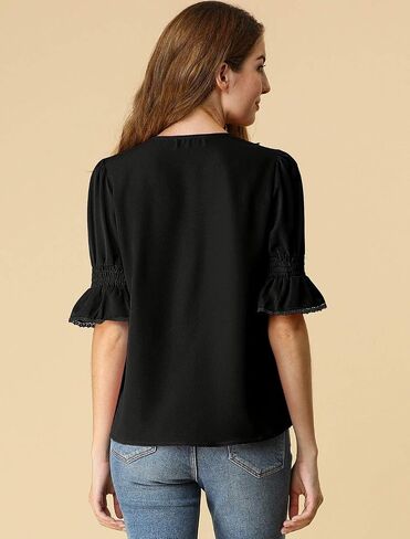 Allegra K Women's Ruffle V Neck Puff Sleeve Blouse Summer Vintage Casual Chiffon Peasant Top in Saudi Arabia