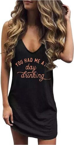 You Had Me at Day Drinking Mini Dress for Women Summer Sleeveless Deep V Neck Casual T Shirts Dresses Vintage Sundress in Saudi Arabia