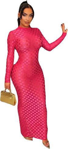 Women's Casual Turtleneck Long Sleeve Elegant Long Dress Lounge Mesh Bodycon Maxi Party Dresses in Saudi Arabia