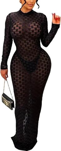 Women's Casual Turtleneck Long Sleeve Elegant Long Dress Lounge Mesh Bodycon Maxi Party Dresses in Saudi Arabia