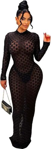 Women's Casual Turtleneck Long Sleeve Elegant Long Dress Lounge Mesh Bodycon Maxi Party Dresses in Saudi Arabia