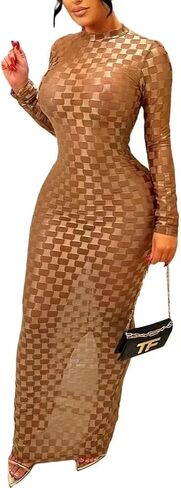 Women's Casual Turtleneck Long Sleeve Elegant Long Dress Lounge Mesh Bodycon Maxi Party Dresses in Saudi Arabia