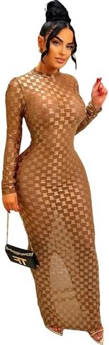 Women's Casual Turtleneck Long Sleeve Elegant Long Dress Lounge Mesh Bodycon Maxi Party Dresses in Saudi Arabia