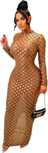 Women's Casual Turtleneck Long Sleeve Elegant Long Dress Lounge Mesh Bodycon Maxi Party Dresses in Saudi Arabia