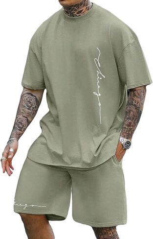 GORGLITTER Men's 2 Piece Outfits Letter Print Casual Summer Vacation Tracksuits Half Sleeve T Shirt and Short Sets in Saudi Arabia