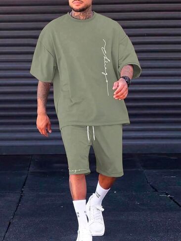 GORGLITTER Men's 2 Piece Outfits Letter Print Casual Summer Vacation Tracksuits Half Sleeve T Shirt and Short Sets in Saudi Arabia
