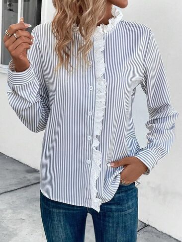 بلوزة نسائية مخططة بأكمام طويلة وأزرار سفلية ورقبة وهمية مكشكشة من MakeMeChic، بلوزة أنيقة in Saudi Arabia