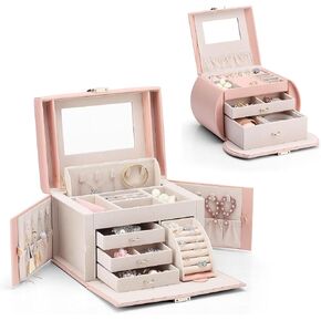 Vlando Jewelry Box Organizer for Girls Women, Large Baroque Jewelry Storage Box with Mirror, Drawers for Bracelets, Earrings, Rings, Necklaces, Mothers Day Gifts for Loved One