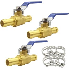 Brass Shut Off Valve 3/4" Hose Barb Ball Valve with Clamps for Water Fuel Air (Pack of 3)