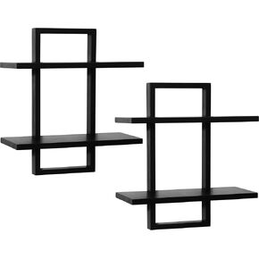 PHOENANCEE Floating Shelves for Wall,Display Hanging Shelf Set of 2,Modern Decorative Plants Shelves,Wood Home Decor Storage Chic for Living Room Bedroom Bathroom Office,Oak Frame，2-Tier Black