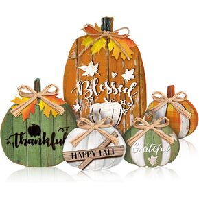 5 Pcs Fall Decorations for Home Fall Wooden Pumpkin Tabletop Signs Thanksgiving Pumpkin Centerpiece Hello Fall Tiered Tray Decoration for Thanksgiving(Green, Orange)