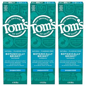 Tom’s of Maine Botanically Bright Natural Whitening Toothpaste, Fluoride Free and SLS Free, Vegan, Peppermint, 3 Pack, 4.0 Oz