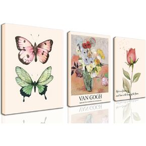 Flower Butterfly Prints Market Wall Art Set of 3 Framed Prints for Bedroom Van Gogh Wall Art Poster Colorful Girls Room Decor Floral Drawing Posters for Livingroom Wall Decor 12×16 inch