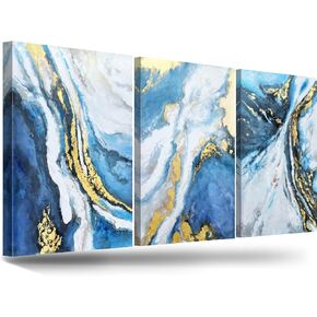 PENNLYNN Blue and Gold Wall Art Bedroom Abstract Wall Decor Office Large Living Room Pictures for Wall Decoration Beach Lake Paintings for Men Woman