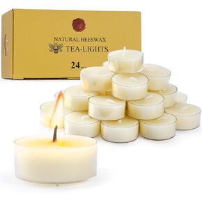 Natural Beeswax Tealight Candles - 24 pcs - Organic Small Candle Natural Scent Smokeless Clean Burning-White