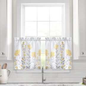 Lush Decor Aprile Linen Kitchen Window Curtain Tiers Set, 29" L x 24" W, Yellow & Gray