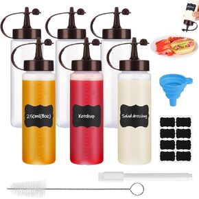 6 Pack 8 oz Plastic Squeeze Bottles, Salad Dressing Shaker Bottle with Black Cap Lids and Funnel Pen Sticker, Ketchup Condiment Dispenser for BBQ Restaurants Kitchen Catering