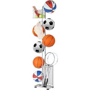 Garage Ball Storage Sports Equipment Organizer 7 Tier Basketball Rack Display Stand with Baskets and Hooks Freestanding Indoor & Outdoor Ball Rack Organizer Holder for Volleyball Football, Silver