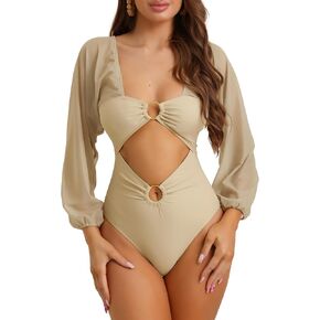 Women's Cut Out Ring Plunge Neck Shirred Bikini, One Piece Long Sleeves Mesh Tummy Control Swimsuit Bathing Suit