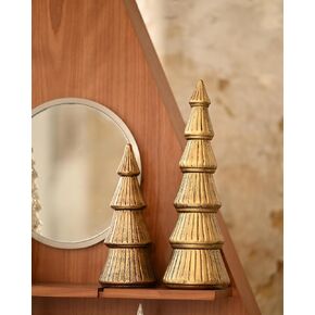 WONDROUS' DECO Wooden Christmas Tree Figurine, Tabletop Gold Tree Figurine, Set of 2 Desk Centerpieces for Christmas Decor