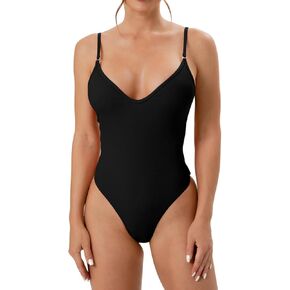 One Piece Bathing Suit for Women Solid Ribbed Knit V Neck Low Back,Push Up Tummy Control Black One Piece Swimsuit