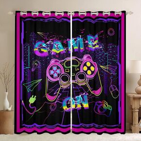 Feelyou Gaming Curtains for Bedroom Living Room Gamer Neon Purple Pink Blackout Curtains Kids Hippie Graffiti Game Darkening Dreapes Modern Gamepad Window Treatments (2 Panels, 42 x 84 Inch)