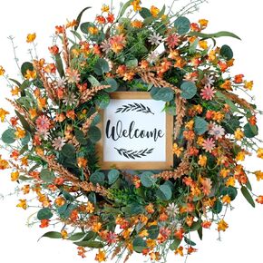 22" Artificial Fall Wreath for Front Door Summer Autumn Wreath for Door with Eucalyptus Leaf Mixed Grain Daisies and Forsythia for Indoors Outside Thanksgiving Home Decor(Green)