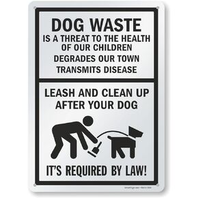 SmartSign 14 x 10 inch “Dog Waste Is A Threat - Leash And Clean Up After Your Dog" Metal Sign, 40 mil Laminated Rustproof Aluminum, Black and White, Made in USA