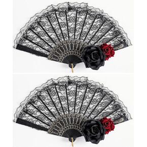 2 Pack Black Lace Hand Folding Fan Handheld Hand with Flower for Party Birthday (Black)