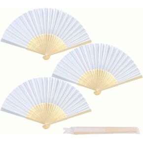 3PCS White Folding Fan,Ladies Hand Fan Foldable,Hand Fan Foldable,Silk Folding Hand Fan Bamboo Fan Chinese Fan Folding Fan for DIY Decoration,Party,Summer,White Hand Fan