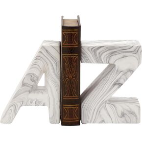 CosmoLiving by Cosmopolitan Ceramic Text A Z Bookends with Faux Marble Finish, Set of 2 6", 6"W, White