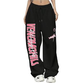 Floerns Women's Letter Print Straight Leg Sweatpants Drawstring Waist Baggy Pants