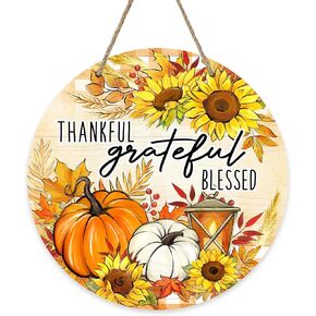 Deroro Thanksgiving Pumpkin Sunflower Front Door Sign, Thankful Grateful Blessed Fall Wood Door Hanger Outdoor Outside Porch Decor, Autumn Buffalo Plaid Wooden Wreath Indoor Wall Hanging Decoration