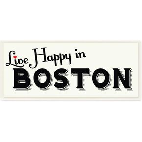 Stupell Industries Live Happy in Boston Red Heart Typography Wall Plaque, 7x17, Multicolor