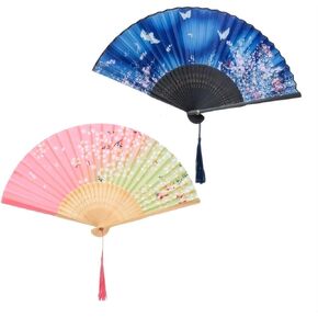 2 Pieces Folding Hand Held Fans, Foldable Handheld Silk Bamboo Fan with Tassel for Women, Chinese Japanese Vintage Handfan Fabric Butterfly Fans for Dance, Decoration, Wedding, Party, Gift