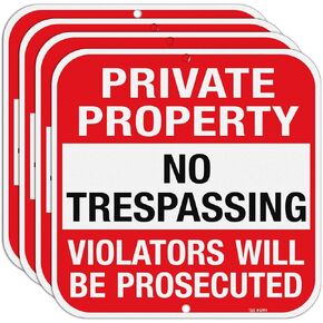 T&R Large (4 Pack) Private Property No Trespassing Sign - 12 x 12 Inches .040 Aluminum - 2 Pre-Drilled Holes - UV Protected, Waterproof and Fade Resistant