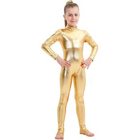 PROMOTED TO BIG SISTER Girls Shiny Metallic Mock Neck Unitard Long Sleeve One Piece Bodysuit Costume Dance