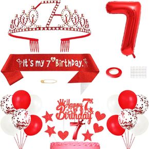 7th Birthday Decorations for Girls, Birthday Princess Crown Queen Tiara, It's My 7th Birthday Sash, 7 Year old Birthday Cake Topper, Number Candles Balloons Set for Birthday Party Supplies, Red