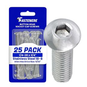 Button Head Socket Cap Screws - 1/4-28 x 1/2" (25 Pack) Stainless Steel 18-8, Full Thread, Bright Plain Finish, Corrosion-Resistant, Machine Thread, Easy to Install w/Allen Socket Drive