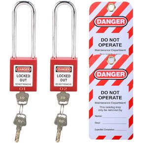 Lockout Tagout Locks Set - 10 Red Lockout Locks Keyed Different with 10 Lock Out Tag Out Tags, Safety Padlocks Loto Locks with Longer Shackle, 2 Keys Per Lock