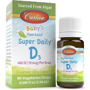 Carlson - Baby's Plant-Based Super Daily D3, Baby Vegetarian Liquid Vitamin D Drops, 400 IU (10 mcg) per Drop, Sourced from Algae, for Infants and Toddlers, Unflavored, 90 Drops (2.54 mL)
