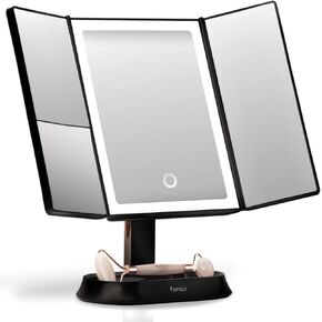 Fancii Makeup Mirror with Natural LED Lights, Lighted Trifold Vanity Mirror with 5X & 7X Magnifications - 40 Dimmable Lights, Touch Screen, Cosmetic Stand - Sora (White)