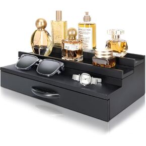 Decorative Cologne Organizer for Room Decor - 3 Tier Cologne Stand with Drawer and Hidden Compartment - Perfume Stand Organizer for Bedroom and Dresser (White)