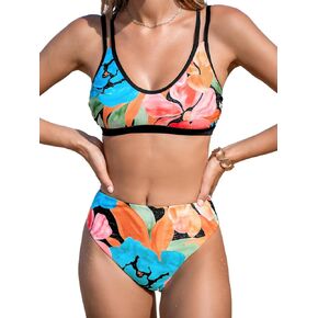 CUPSHE Women's Bikini Sets Two Piece Swimsuit High Waisted Reversible Bottom Scoop Neck Crisscross Strappy