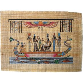 Nepthys the Sister of Isis and Wife of Seth, Isis, Mut, Hathor and The Queen on The Nile Ship, Papyrus Painting, 17x13 Inches