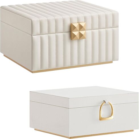 SONGMICS 2-Layer Jewelry Box with Handle and 2-Tier Jewelry Organizer Bundle, Removable Tray, with Mirror, PU Surface with Stitching, Floating Effect, Cloud White UJBC165W01 and UJBC182W01 in Saudi Arabia