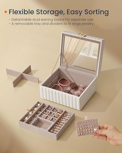 SONGMICS 2-Layer Jewelry Box with Handle and 2-Tier Jewelry Organizer Bundle, Removable Tray, with Mirror, PU Surface with Stitching, Floating Effect, Cloud White UJBC165W01 and UJBC182W01 in Saudi Arabia