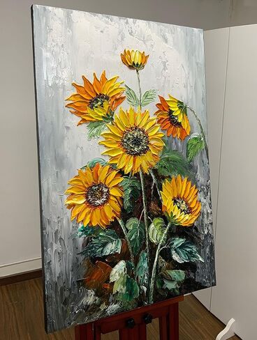 ART8YUQI Paintings - 3D Wall Art Abstract Sun Flower Wall Decor Yellow Flowers Canvas Oil Paintings Sun Flowers Picture for Living Room Bedroom Gallery Wrapped Ready to Hang 24x48 Inch in Kuwait