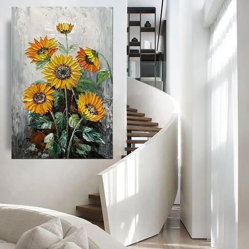 ART8YUQI Paintings - 3D Wall Art Abstract Sun Flower Wall Decor Yellow Flowers Canvas Oil Paintings Sun Flowers Picture for Living Room Bedroom Gallery Wrapped Ready to Hang 24x48 Inch in Kuwait